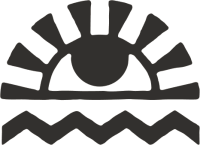 A stylized depiction of a sun rising or setting above a wavy line, which represents water, creating a symbolic sunrise or sunset scene.